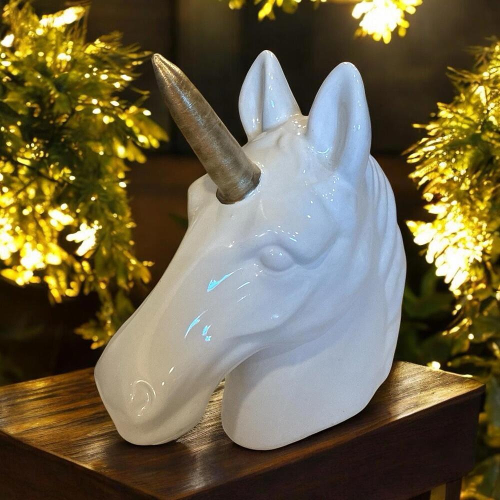 Ceramic White Unicorn Head Piggy Bank Gold Horn 6.5″ Fairytale Room Decor